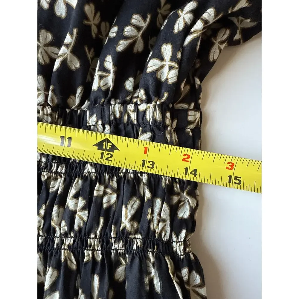 Tory Burch Smocked Midi Dress in Black Little Leaves Size Large